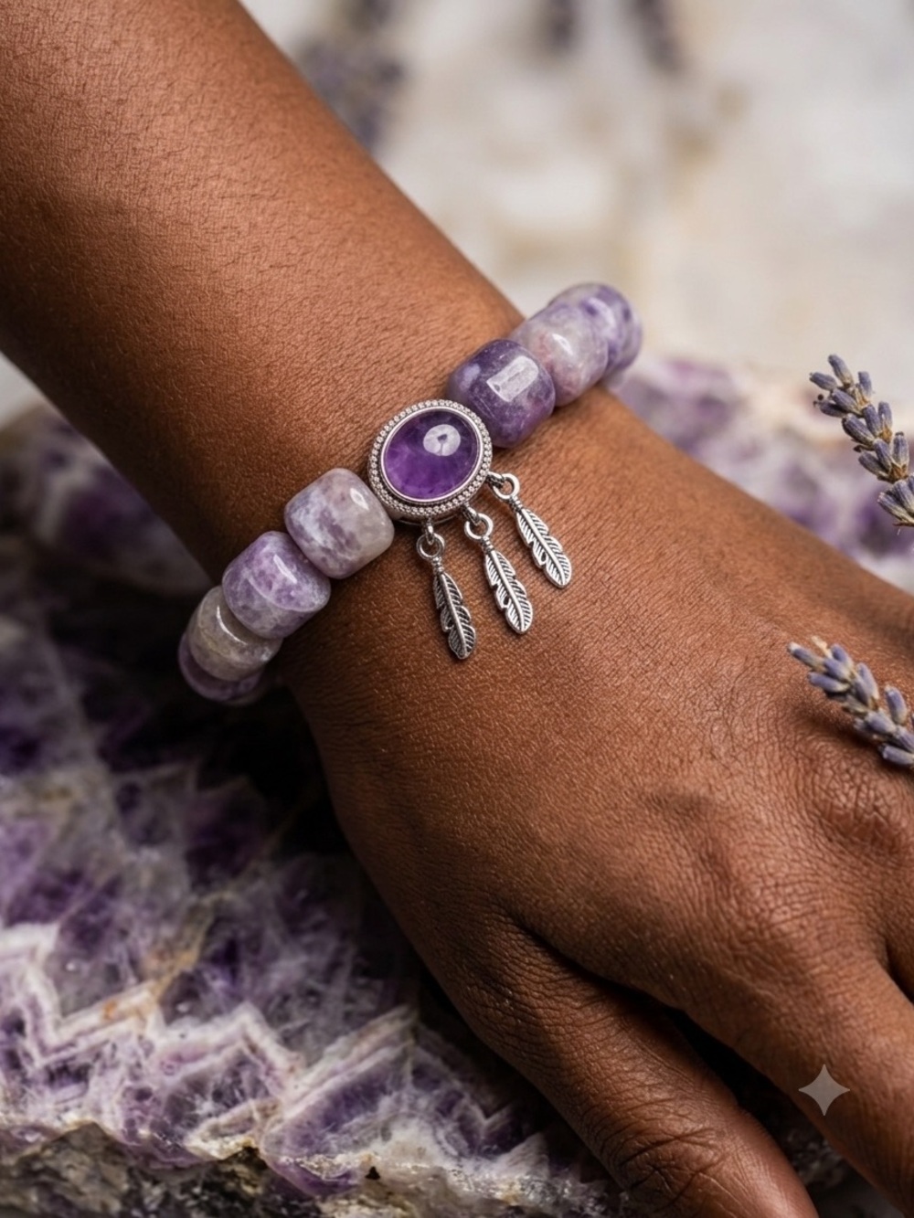 ✨ Natural Unicorn Stone Barrel Bead & 2 Amethyst Boho Feather Charms